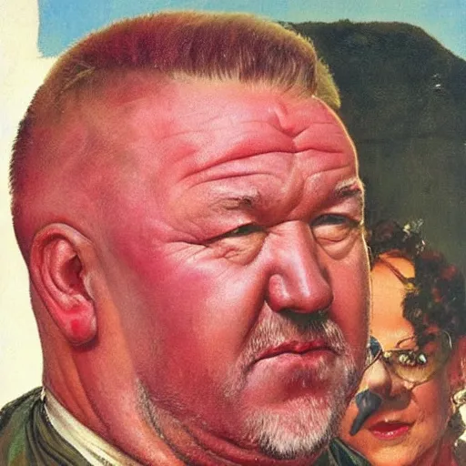Prompt: ray winstone is so angry that his wife has shaved her head that he holds his breath until his face becomes bright red, painted by norman rockwell and tom lovell and frank schoonover