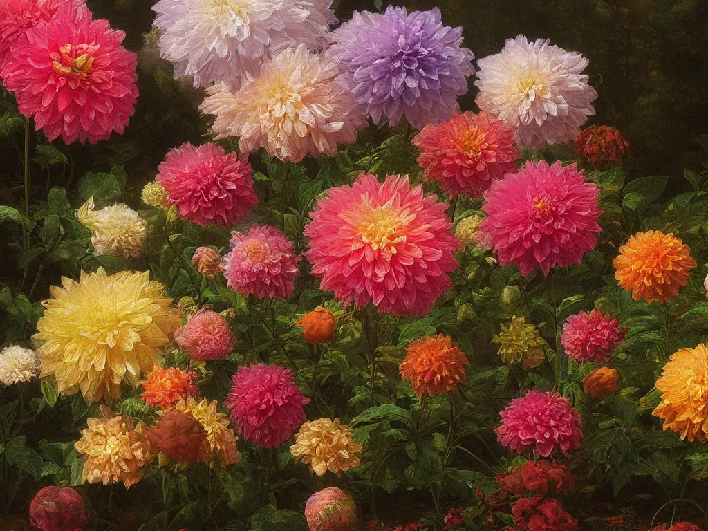 Prompt: Opalescent dahlia garden by Rachel Ruysch and Thomas Cole, 4k, 1978, sunlight study