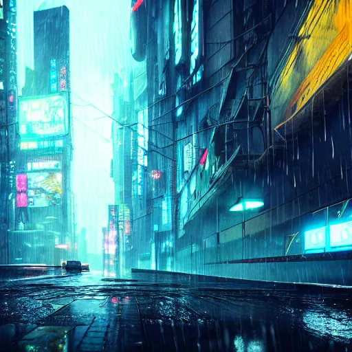 Image similar to 8 k artstation photograph rainy city cracked and crumbling into the ocean with scifi cyberpunk aesthetic hyper realistic