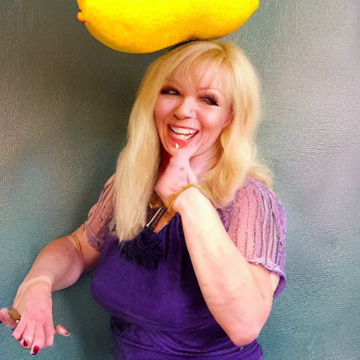 Prompt: Jill Tyrell from nighty night holding a lemon