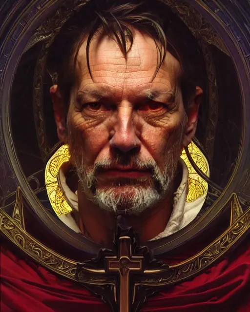 Image similar to realistic portrait of a nasty bishop, cross, evil, heroic pose, beautiful face, bible, full body, dramatic lighting, intricate, wild, highly detailed, digital painting, artstation, concept art, smooth, sharp focus, illustration, art by artgerm and greg rutkowski and alphonse mucha, footage from space camera