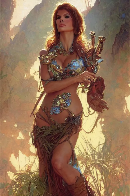 Image similar to Raquel Welch portrait, fantasy, elegant, intricate, by Stanley Artgerm Lau, greg rutkowski, thomas kindkade, alphonse mucha, loish, norman Rockwell