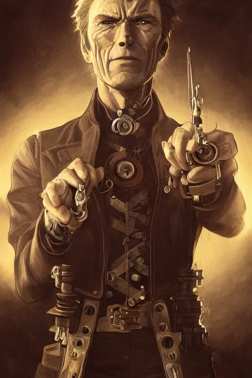 Image similar to young clint eastwood as full metal alchemist, steampunk cyborg, portrait, western, duster, fantasy, intricate, elegant, highly detailed, digital painting, artstation, concept art, sharp focus, illustration, art by artgerm and greg rutkowski and alphonse mucha