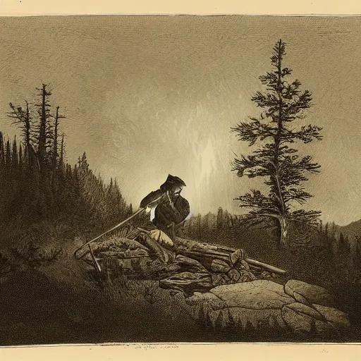 Prompt: hunter alone in the wilderness, campfire at midnight, deep dark boreal forest, 19th century