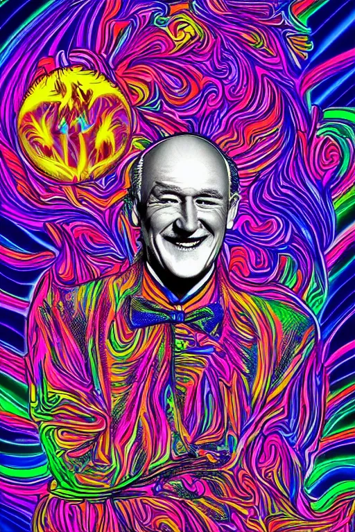 Image similar to a detailed digital neon portrait art of dreaming gene hackman willy wonka smiling with his eyes closed in the style of Alex Grey, lisa frank, psychedelic, fantasy, 8k, ornate, intricate