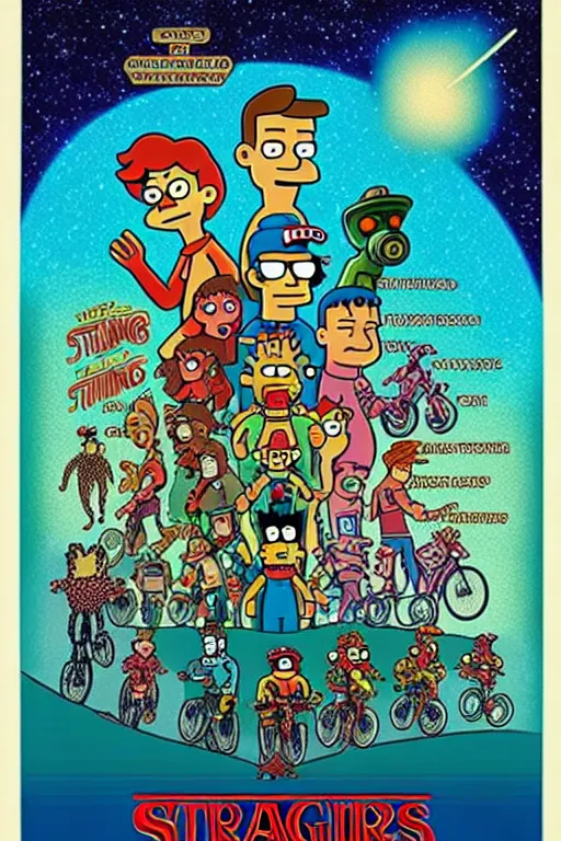 Image similar to Futurama Cast in Stranger Things poster by Matt Groening, high resolution, hyper detailed, intricate, illustrated, all cast members !n-9