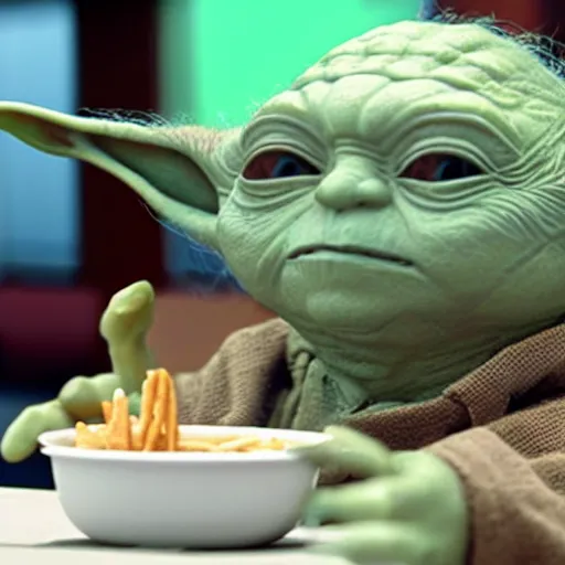 Image similar to A still of Yoda eating at KFC, 4k, photograph, ultra realistic, highly detailed, professional lighting