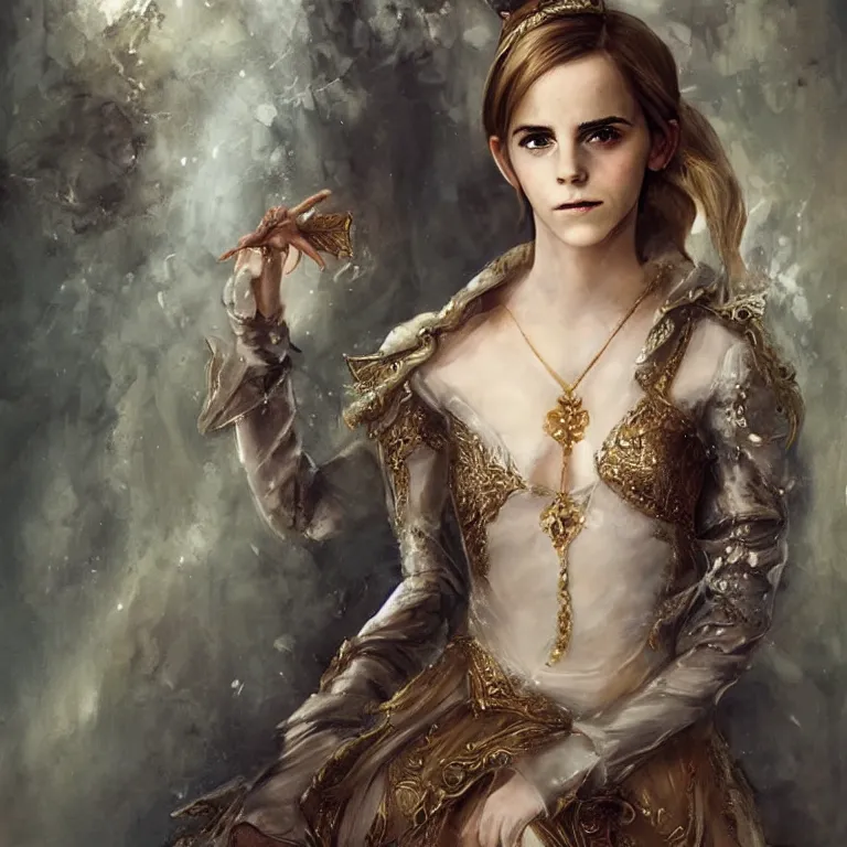 Prompt: emma watson a fantasy portrait of a beautiful noble elf princess with blonde hair and regal jewellry by bowater, charlie