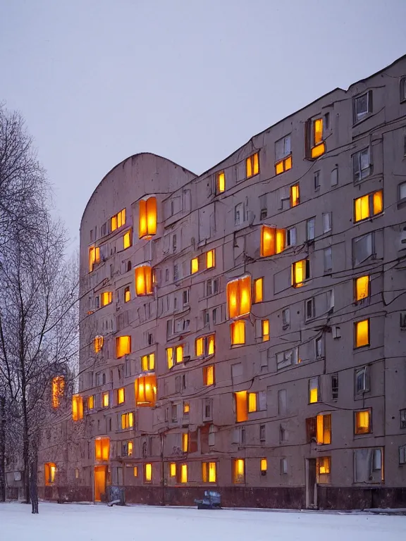 Image similar to award - winning photo of low soviet residential building in russian suburbs, lights are on in the windows, deep night, post - soviet courtyard, cozy atmosphere, winter, heavy snow, light fog, streetlamps with orange light, volumetric light, several birches nearby, elderly people stand at the entrance to the building