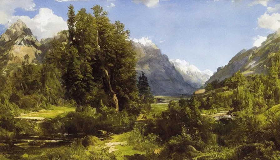 Prompt: a beautiful mountain valley by eugene von guerard, ivan shishkin, john singer sargent