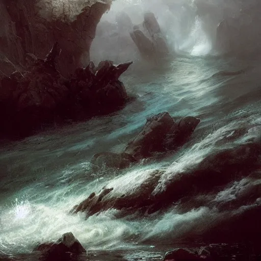Image similar to an eerie whirlpool, seen from above, in a cavematte painting, fantasy art, by greg rutkowski, by andreas achenbach,