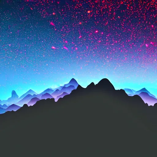 Prompt: fantasy world zoomed out mountains silhouette in the dark rainbow sky, 8 k, hd