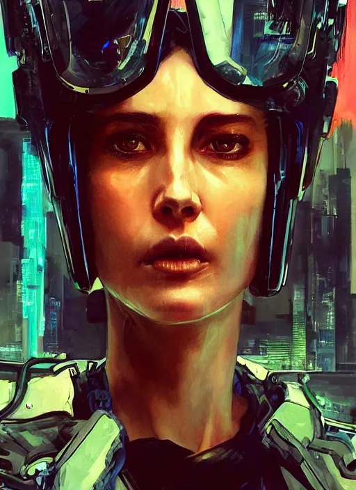 Image similar to cyberpunk female space pilot character ( blade runner 2 0 4 9, dystopian, cyberpunk 2 0 7 7 character design ). attractive face. portrait by james gurney and laurie greasley and yoji shinkawa, oil on canvas. cinematic composition, hyper realism, realistic proportions, anatomy, dramatic lighting, photorealistic, high detail, 4 k