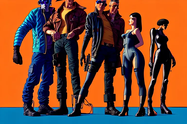 Image similar to cyberpunk heist crew. portrait by stonehouse and mœbius and will eisner and gil elvgren and pixar. character design. realistic proportions. dystopian. cyberpunk 2 0 7 7 character art, blade runner 2 0 4 9 concept art. cel shading. attractive face. thick lines. the team. diverse characters.