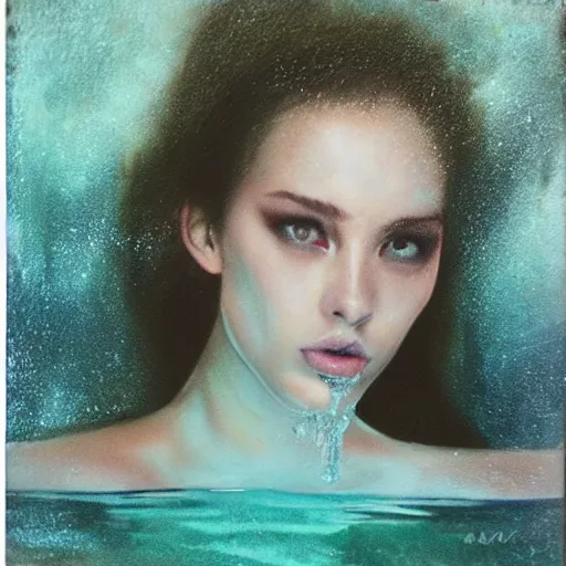 Image similar to hyperrealism oil painting, fashion model portrait underwater photo polaroid