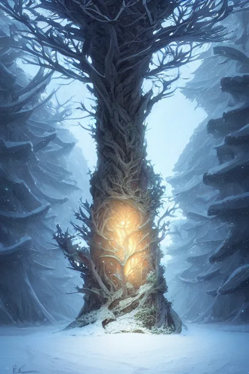 Prompt: giant tree in snow, unreal engine, fantasy art by greg rutkowski, loish, rhads, ferdinand knab, makoto shinkai and lois van baarle, ilya kuvshinov, rossdraws, tom bagshaw, global illumination, radiant light, detailed and intricate environment