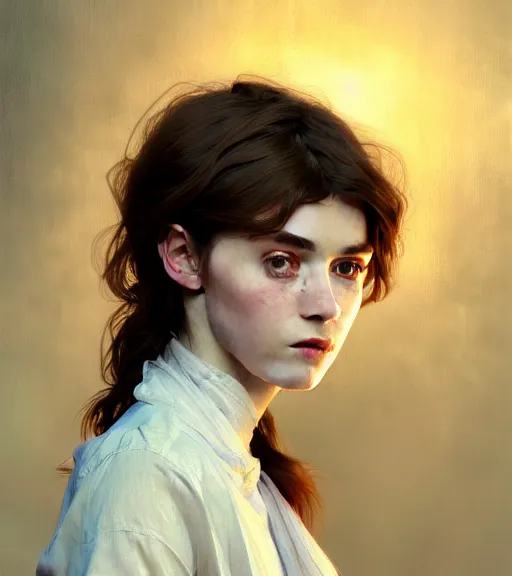 Image similar to portrait of a welsh teenage girl with brown hair, glowing skin, delicate features, amelie poulain, fantasy, small mouth, quiet beauty, intricate, elegant, dress shirt, highly detailed, digital painting, artstation, concept art, smooth, sharp focus, illustration, art by Krenz Cushart and Artem Demura and alphonse mucha