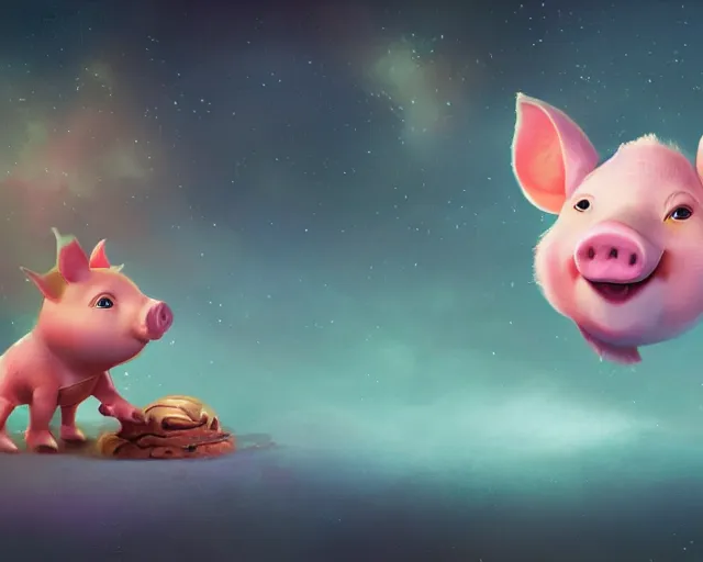 Image similar to 3D Fantasy Cute and adorable space piglet princess, huge adorable eyes, bright stars, Smooth 3D Illustration, soft render, Servando Lupini, Daniil Kudriavtsev, handpaint texture, Blender, 3DCoat