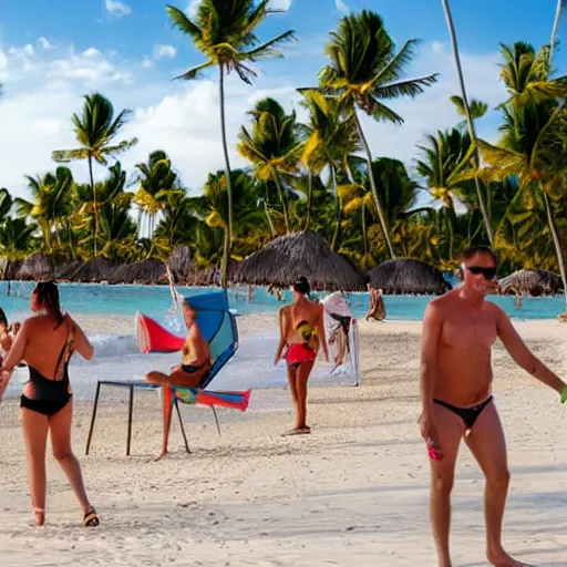 Prompt: martians enjoying the beach in punta cana, noon, sunny day, party atmosphere,