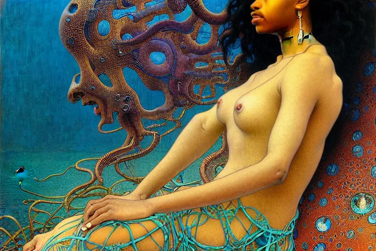 Prompt: realistic extremely detailed portrait painting of a beautiful black woman, city street on background by Jean Delville, Amano, Yves Tanguy, Ilya Repin, Alphonse Mucha, Ernst Haeckel, James C. Christensen, Edward Robert Hughes, Roger Dean, rich moody colours