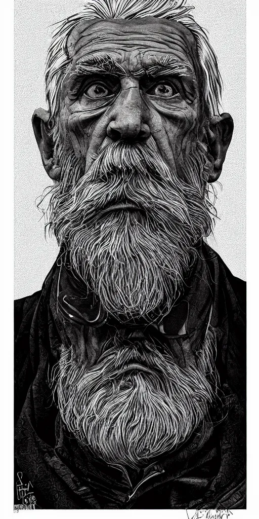 Prompt: hyper-detailed, high contrast, portrait, symmetrical, old grizzled man, scowl, rim lighting
