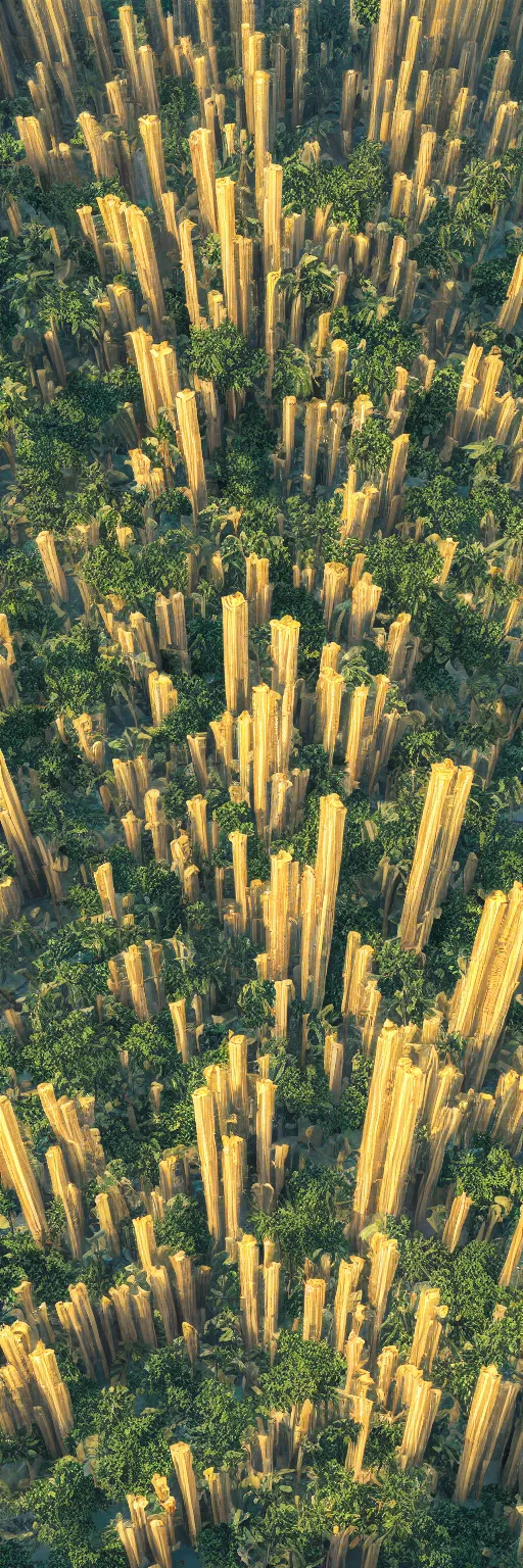 Prompt: photo of vertical golden village in the form of a tower, arid mountains and lush palm forest, photo realism, sharp focus, octane