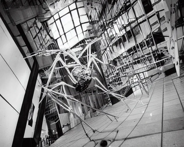 Image similar to camera footage of a Gigantic spider in an abandoned shopping mall, high exposure, dark, monochrome, camera, grainy, CCTV, security camera footage, timestamp, zoomed in, fish-eye lens, spiders, spider, spider, spider,