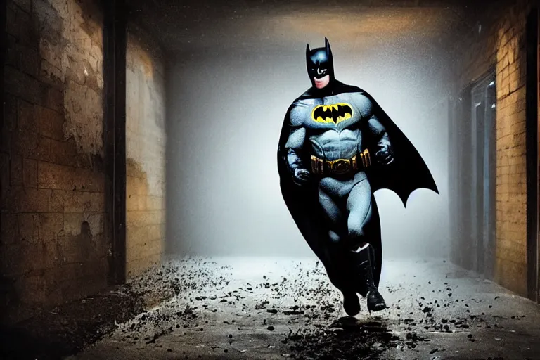 Prompt: batman covered in beer, chasing through old brown decrepit hallway, creepy smile, atmospheric eerie lighting, photorealistic face, dim lighting, bodycam footage, motion blur, photography