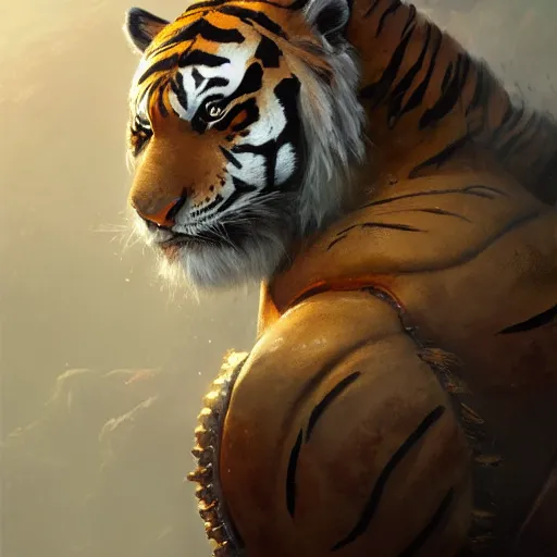 Prompt: a detailed portrait of a tiger earth sorcerer dressed with a leather armor, by justin gerard and greg rutkowski, digital art, realistic painting, dnd, character design, trending on artstation