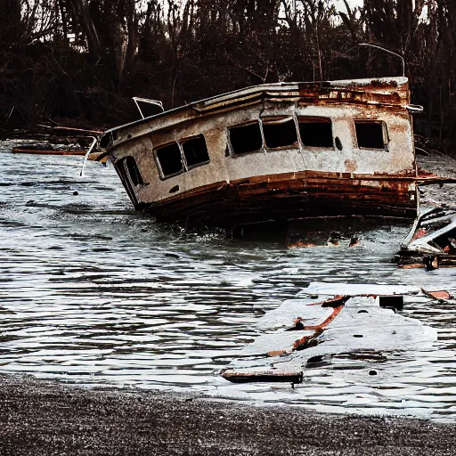 Image similar to incredibly detailed image of wrecked boat on shoreline, backlighting