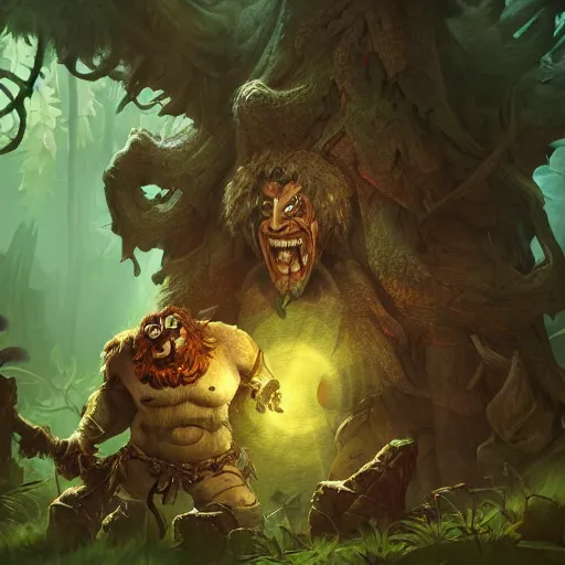 Prompt: an ettin from dnd in a dark forest, digital art, high quality render, artstation