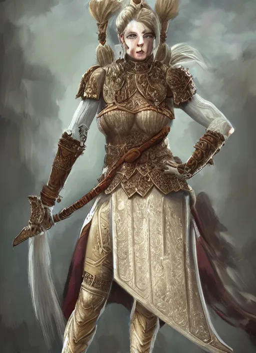 Prompt: detailed full body concept art of a warrior princess in fine clothing, painterly, micro detail