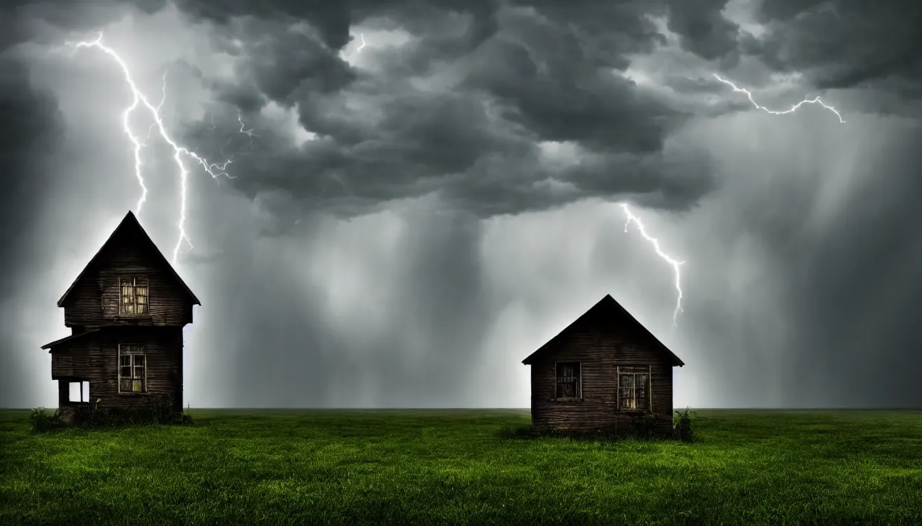 Prompt: lonely house in front lakeside, raining, storm, thunder, atmospheric, scary, claustrophobic, ambient vibe, very detailed, high resolution, 8 k