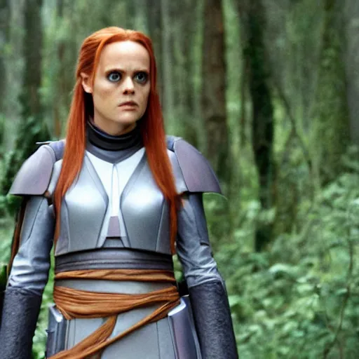 Prompt: movie still of alicia silverstone as frustrated sith mara jade on the forested mountain planet wayland in star wars episode vii : heir to the empire