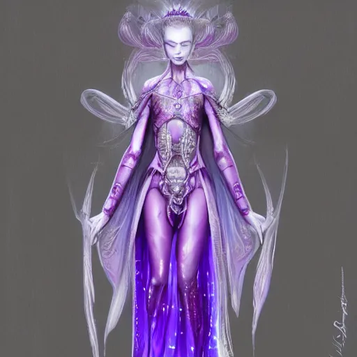 Prompt: alien princess, purple translucent skin!! royalty, white crown, intricate details, flowing gown, padme amidala, art station, sci fi concept art, 8k,