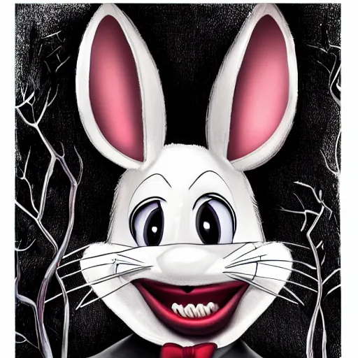 Image similar to A extremely highly detailed majestic hi-res beautiful, highly detailed head and shoulders portrait of a scary terrifying, horrifying, creepy black cartoon rabbit with a bowtie and scary big eyes, earing a shirt laughing, hey buddy, let's be friends, in the style of Walt Disney