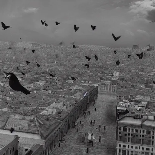 Image similar to pigeons bombing the city of Athens, black and white, extremely high detail, photorealistic, cinematic lighting, artstation, octane render, art by Zdzisław Beksiński