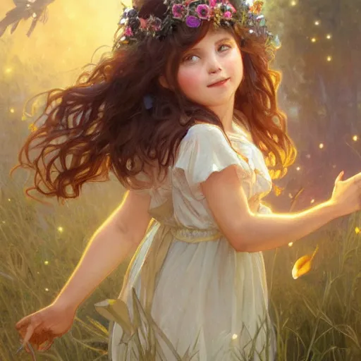 Prompt: A little girl with shoulder length curly brown hair with a happy expression wearing a summer dress dancing with fireflies, she is in the distance. beautiful fantasy art by By Artgerm and Greg Rutkowski and Alphonse Mucha, trending on artstation.