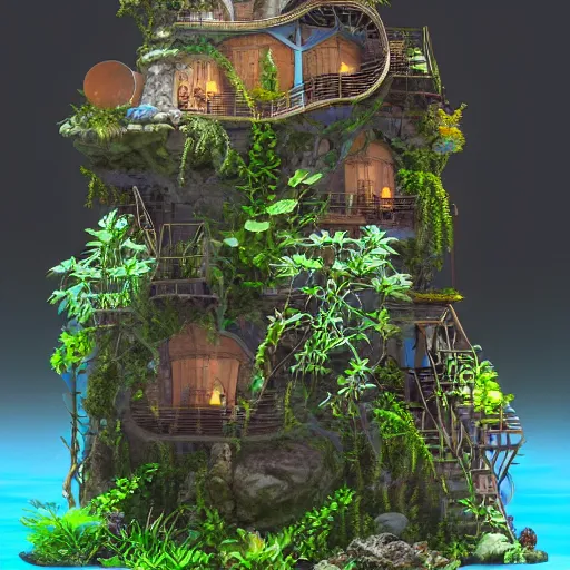 Prompt: a beautiful aquarium tower, highly detailed, 3 d render, masterpiece, trending on artstation, devianart, cgsociety, concept art