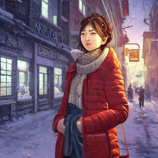 Image similar to the portrait a beautiful grocery young asia woman in down jacket, the background is a grocery store, winter, rural northeast an ultrafine hyperdetailed illustration by kim jung gi, irakli nadar, intricate linework, bright colors, octopath traveler, wenjun lin, unreal engine 5 highly rendered, global illumination, radiant light, detailed and intricate environment