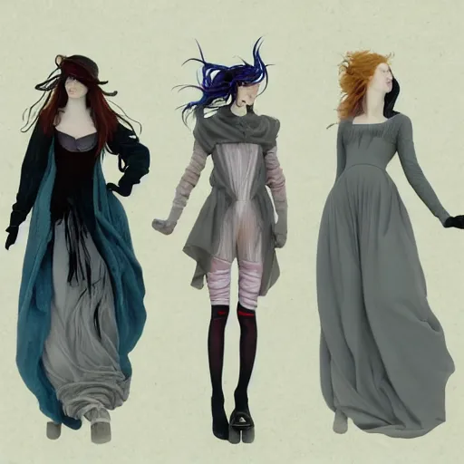 Prompt: 3 Figures as Winter Spirits, style is a blend of Æon Flux, Botticelli, and John Singer Sargent, inspired by pre-raphaelite paintings, shoujo manga, and Harajuku street fashion, moody frigid landscape, dark and muted colors, somber, hyper detailed, super fine inking lines, 4K extremely photorealistic, Arnold render