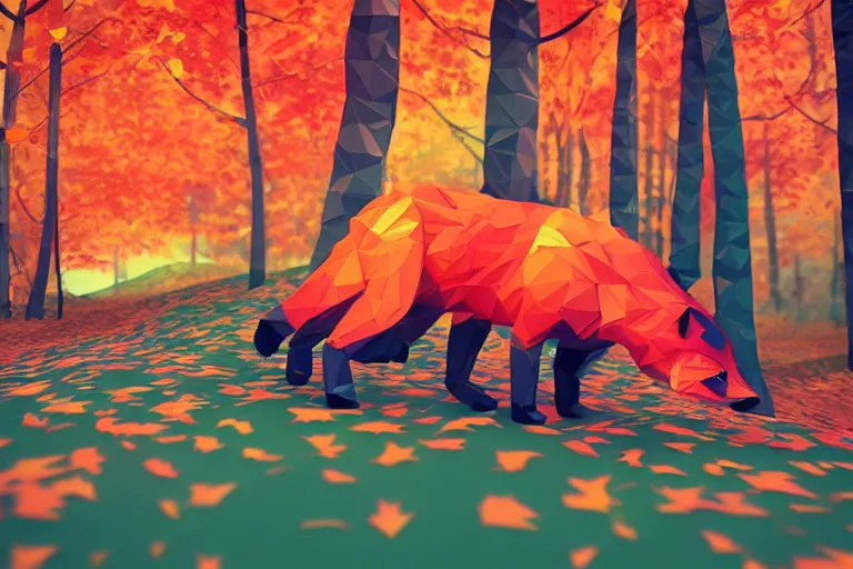 Image similar to super detailed color lowpoly art, red fox in an autumn maple forest, unreal engine, retrowave color palette, 3 d render, lowpoly, colorful, digital art, perspective