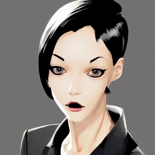 Image similar to beautiful slim scornful business girl in tuxedo with black short hair, elegant, 2d, ultra highly detailed, digital painting, smooth, sharp focus, artstation, trending on artstation, art by Ilya Kuvshinov