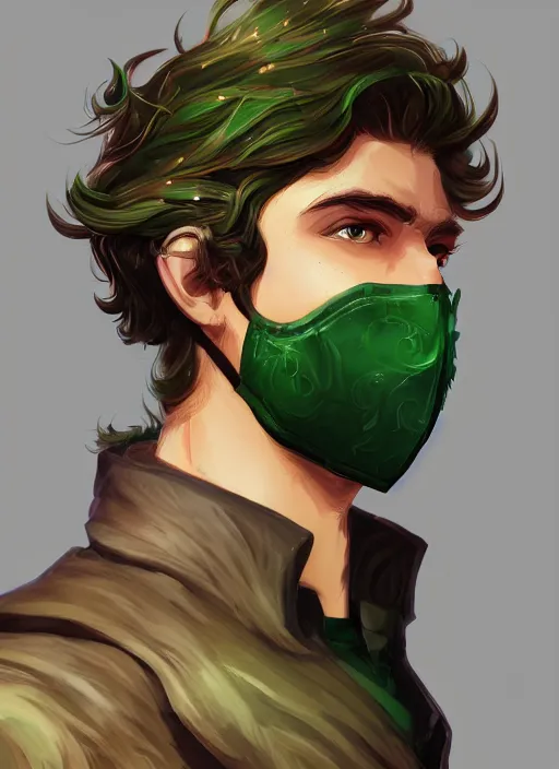 Prompt: a highly detailed illustration of young thick wavy messy haired guy wearing green face mask and brown noir coat intricate, elegant, highly detailed, centered, digital painting, artstation, concept art, smooth, sharp focus, league of legends concept art, wlop