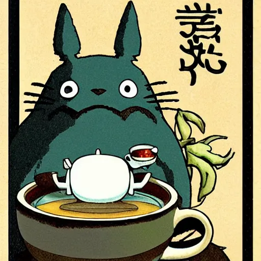 Image similar to totoro drinking coffee, art nouveau, print, detailed