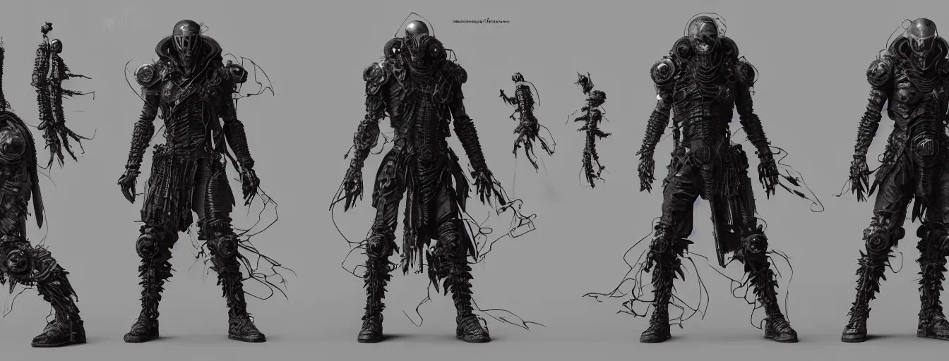 Image similar to cyberpunk knight raider protagonist character sheet, scorn themed dark sf biomechanical, intricate artwork masterpiece, ominous, dramatic horror cinematic lighting, volumetric 8 k, by josan gonzalez, alexey egorov, kilian eng, trending on cgsociety, octane render, 8 k