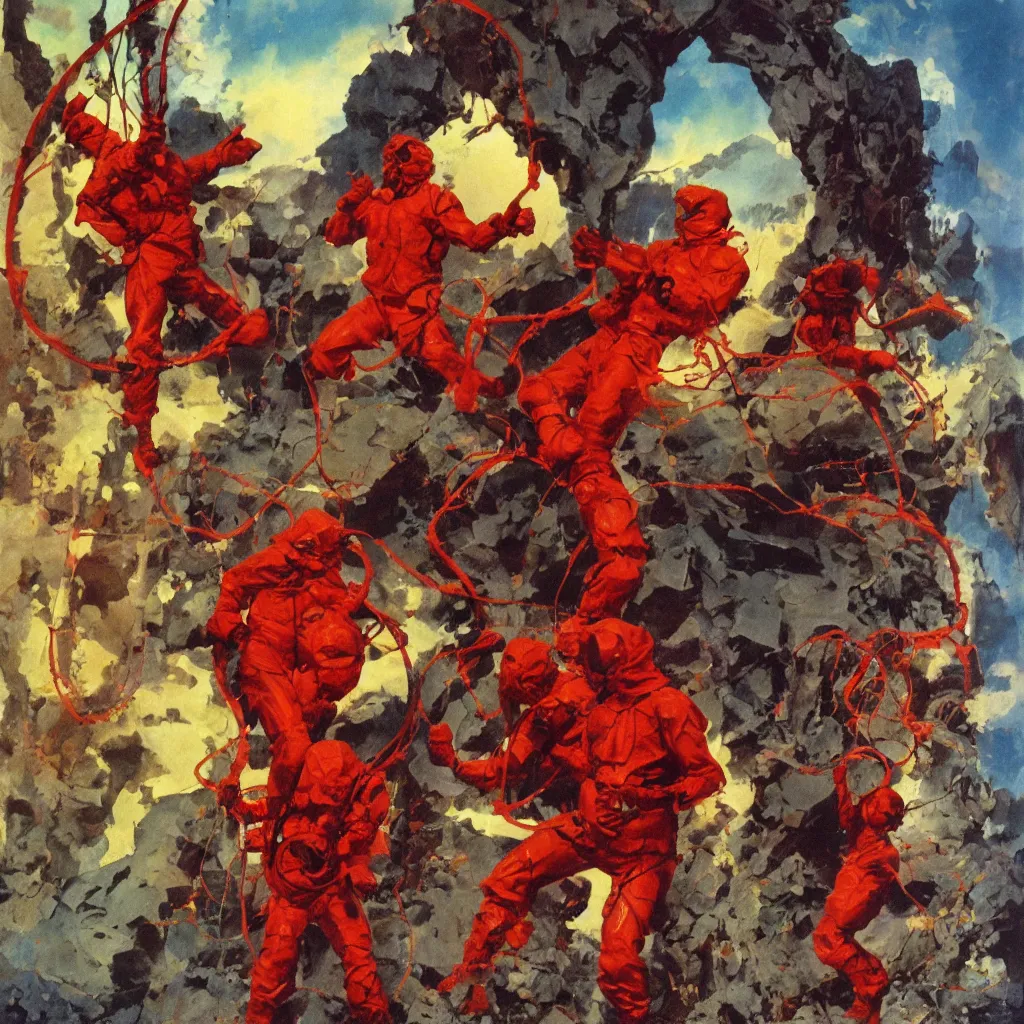 Prompt: two scientists in red hazmat suits entering the geometric rainbow crystal dimensional gateway by frank frazetta