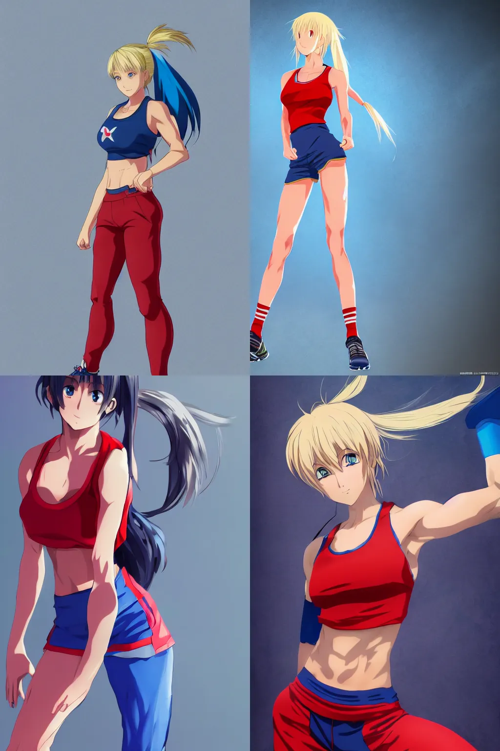 Prompt: photorealistic anime, an athletic young woman with blonde ponytails, a determined and enthusiastic expression, wearing a red tank top and voluminous blue pants, concept art, full body shot, action pose, trending on pixiv