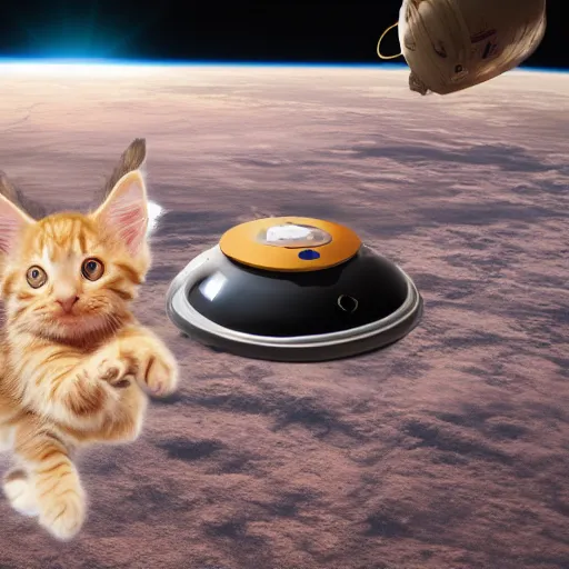 Image similar to Next to the James Webb Telescope in outer space, an action sequence of an astronaut ((cream colored Maine Coon kitten)) space walk, an unopened bag of kitty litter floats nearby, in the background friendly cute cute cute alien spacecraft, highly realistic, 4K, 8K, road trip