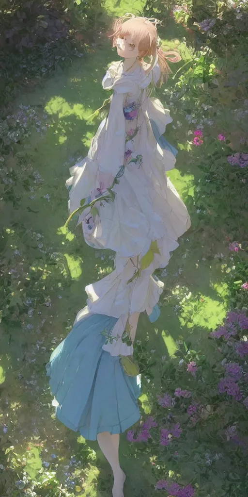 Image similar to a depressed digital art, loli in dress, garden, green and warm theme, blue accents, back lighting, highly detailed, 4 k resolution, trending on art station, by krenz cushart and mucha and akihito yoshida and greg rutkowski and makoto shinkai